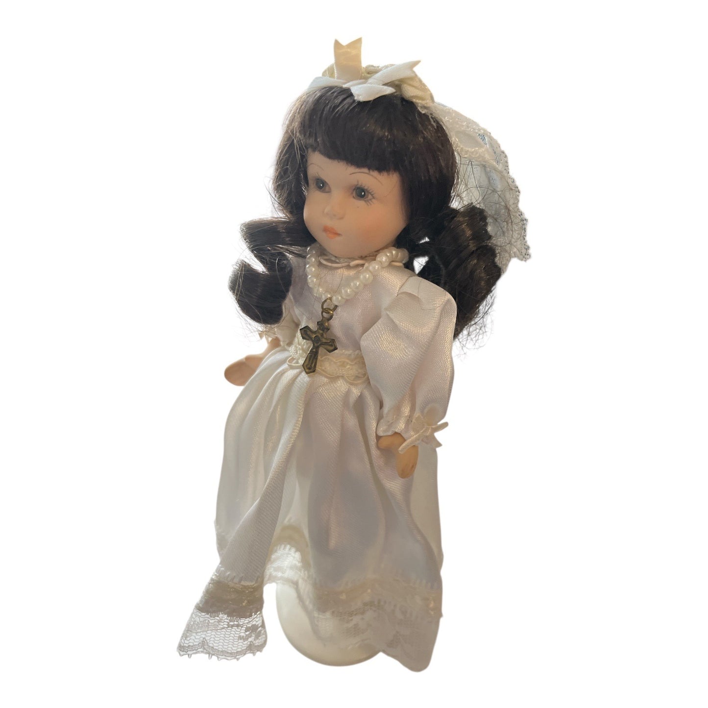 Porcelain First Communion Doll – 7.5" – White Satin Dress, Veil & Cross Necklace – With Stand