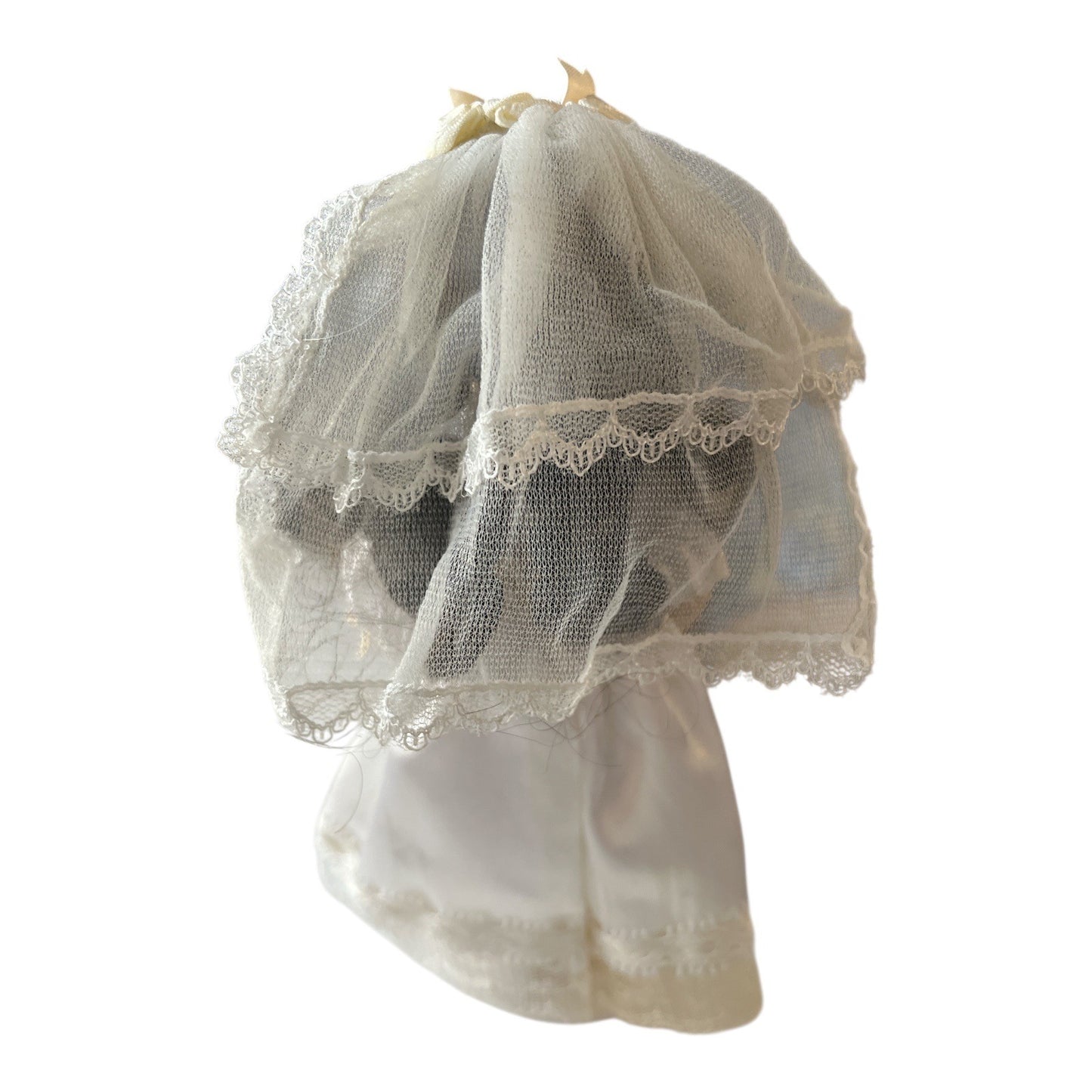 Porcelain First Communion Doll – 7.5" – White Satin Dress, Veil & Cross Necklace – With Stand