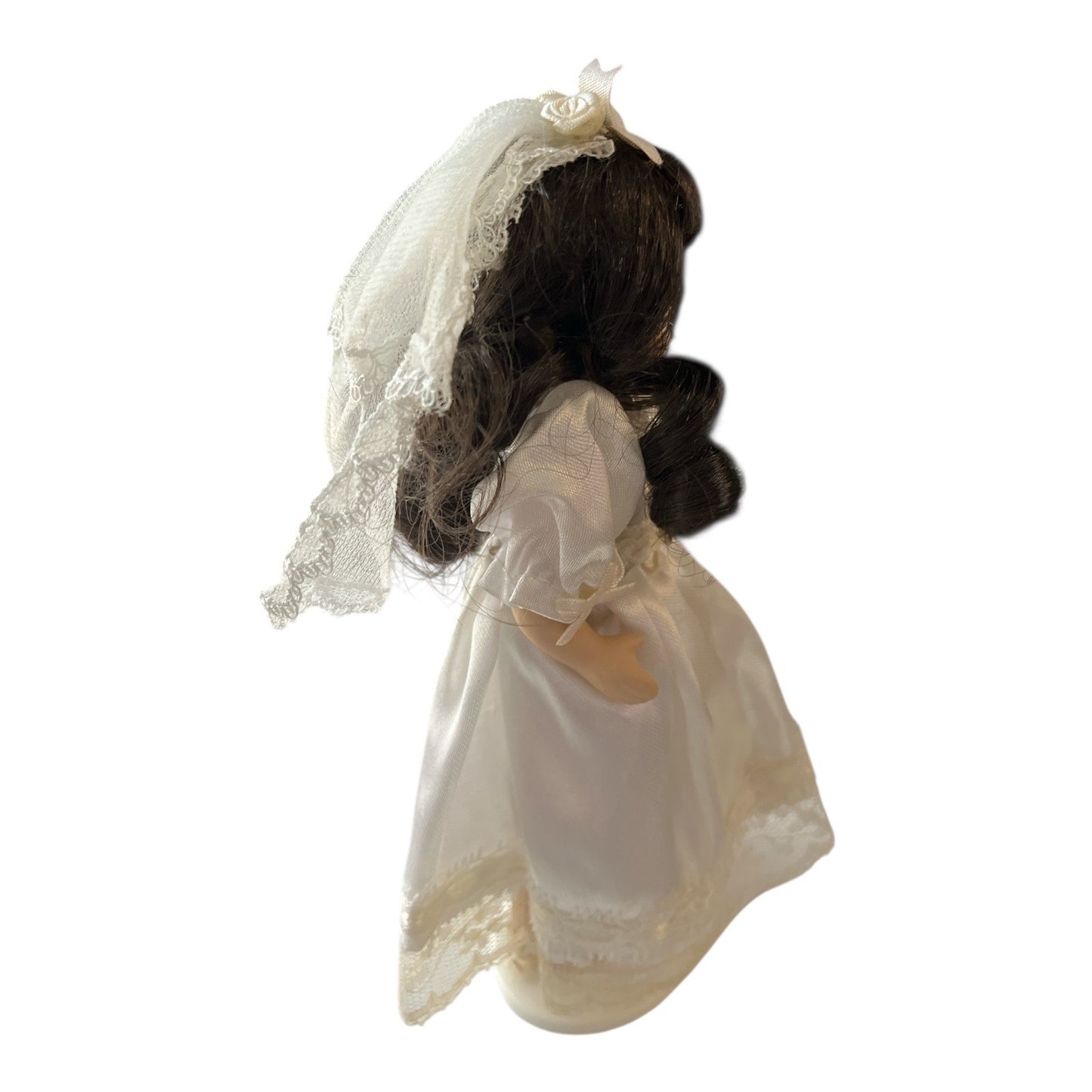 Porcelain First Communion Doll – 7.5" – White Satin Dress, Veil & Cross Necklace – With Stand