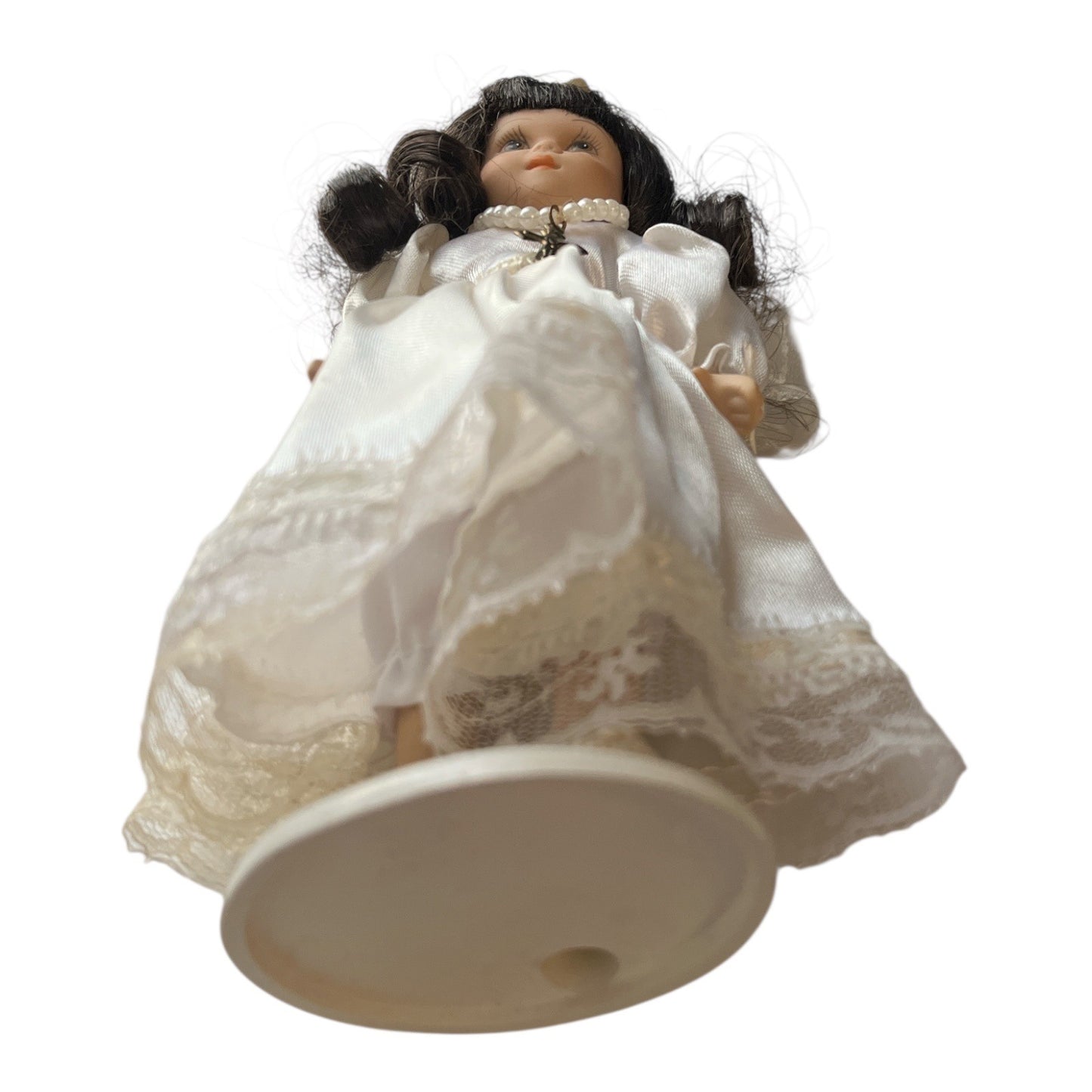 Porcelain First Communion Doll – 7.5" – White Satin Dress, Veil & Cross Necklace – With Stand