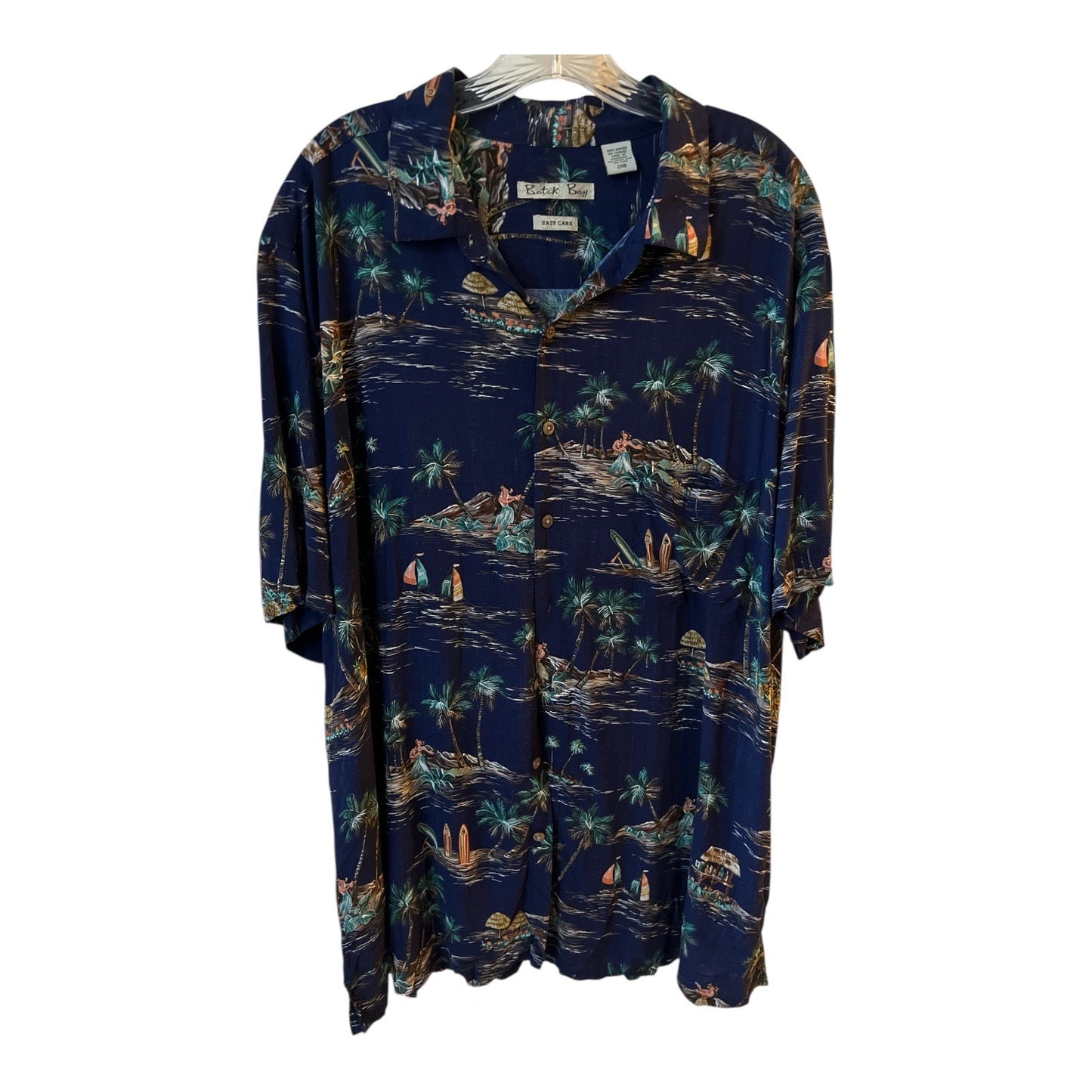 Batik Bay Men’s Hawaiian Shirt – Size 2XB – Rayon – Hula Dancers, Palm Trees, Surfboards VTG
