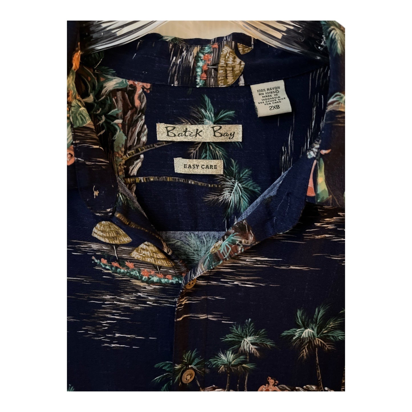 Batik Bay Men’s Hawaiian Shirt – Size 2XB – Rayon – Hula Dancers, Palm Trees, Surfboards VTG