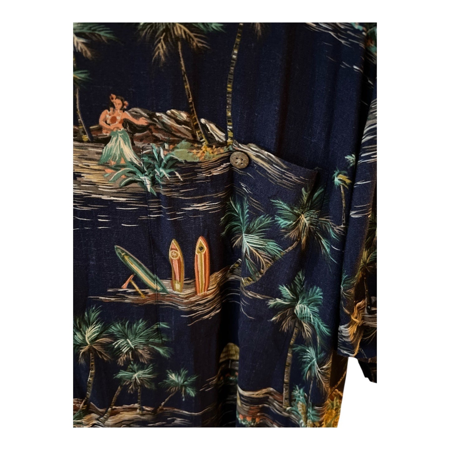 Batik Bay Men’s Hawaiian Shirt – Size 2XB – Rayon – Hula Dancers, Palm Trees, Surfboards VTG