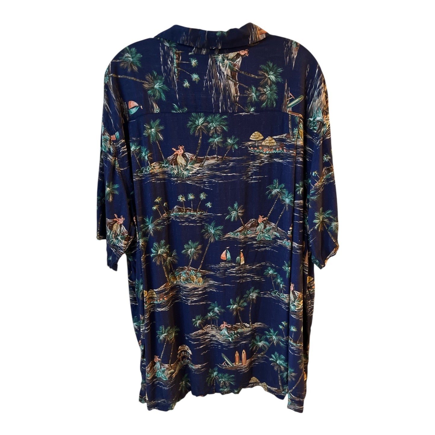 Batik Bay Men’s Hawaiian Shirt – Size 2XB – Rayon – Hula Dancers, Palm Trees, Surfboards VTG