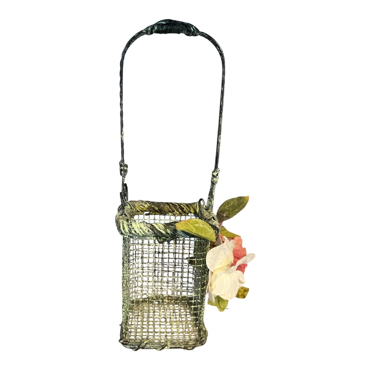 Vintage Wire Floral Basket – Sculpted Metal with Distressed Green Finish – 12 x 4"