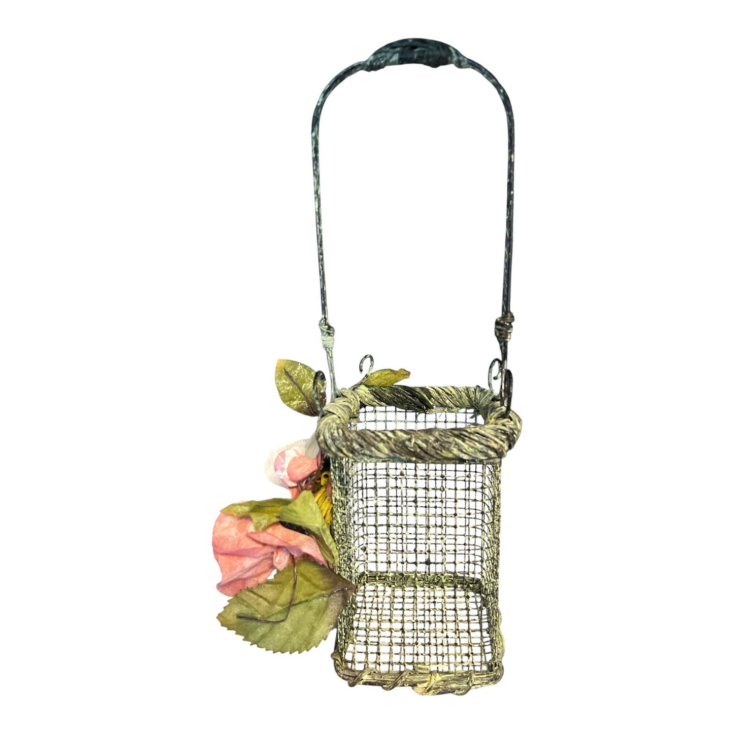 Vintage Wire Floral Basket – Sculpted Metal with Distressed Green Finish – 12 x 4"