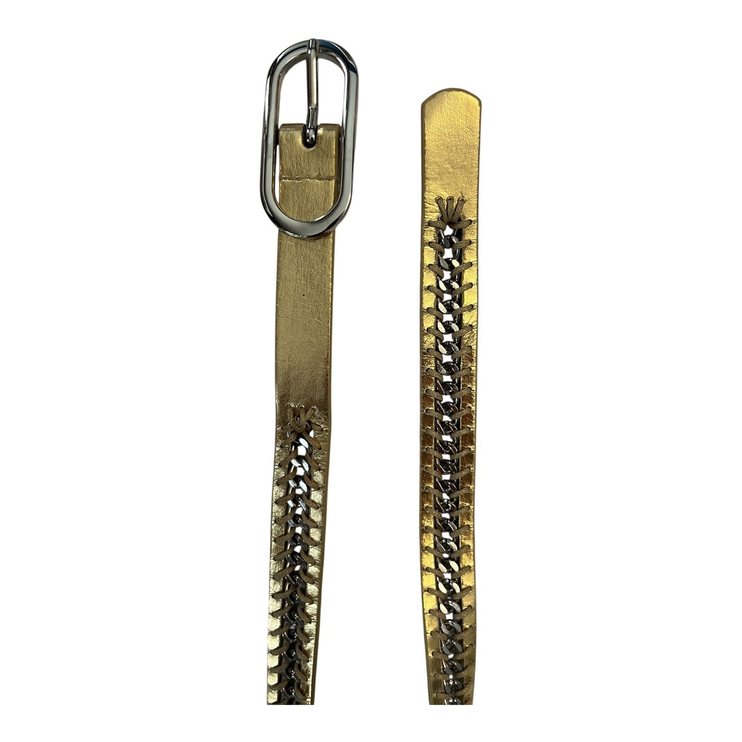 Nine West Gold-Tone Belt Size M – 39” Long x 1” Wide – Silver Buckle & Metallic Stitching
