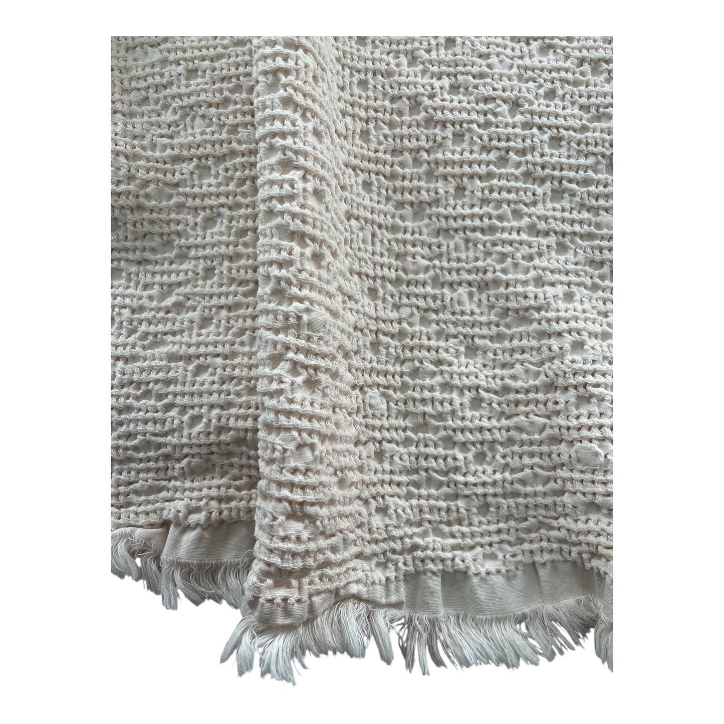 Vela Home Ivory Textured Cotton Throw Blanket – Woven Fringe Edge – Made in Portugal