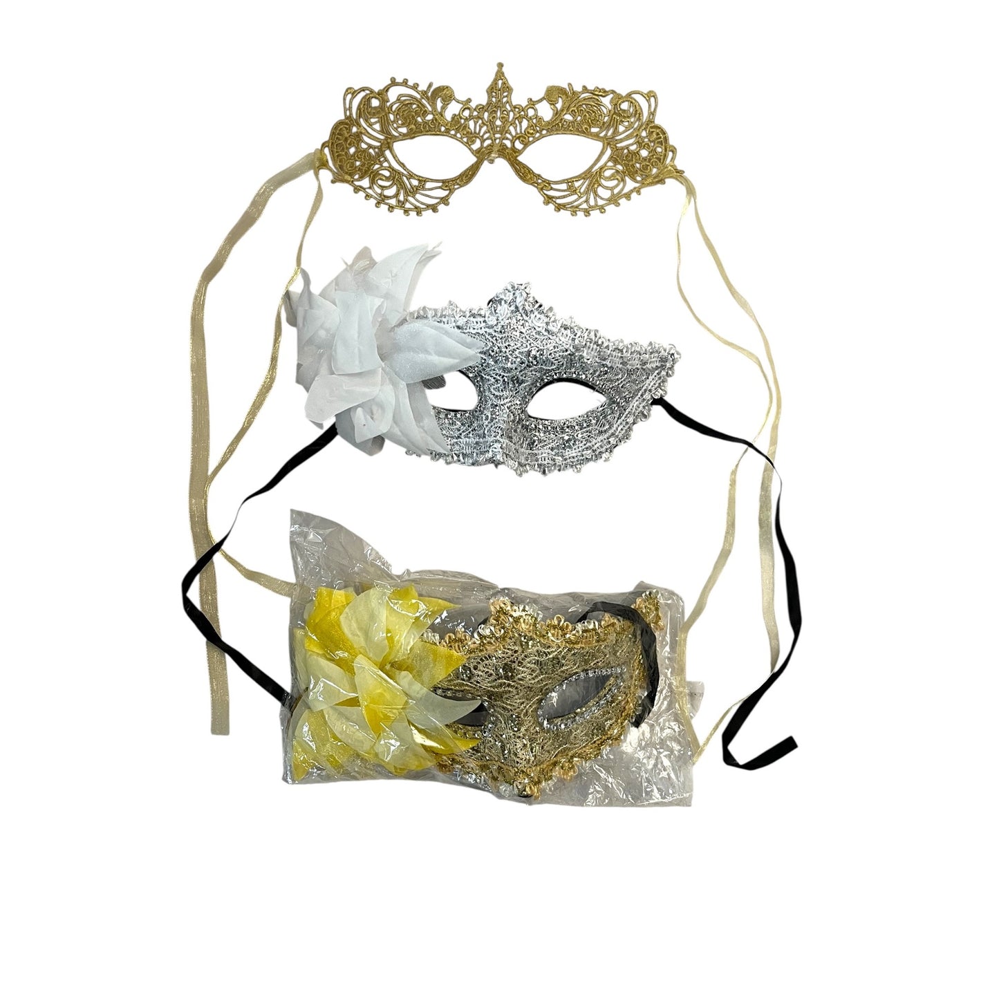 Set of 3 Decorative Masquerade Masks – Gold, Silver & Floral Accents – Lace & Ribbon Detail