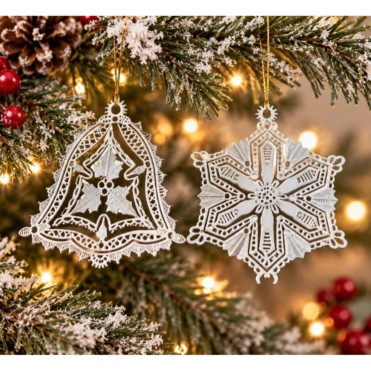 Vintage Taiwan Filigree Metal Christmas Ornaments Bell Snowflake Pair 3"