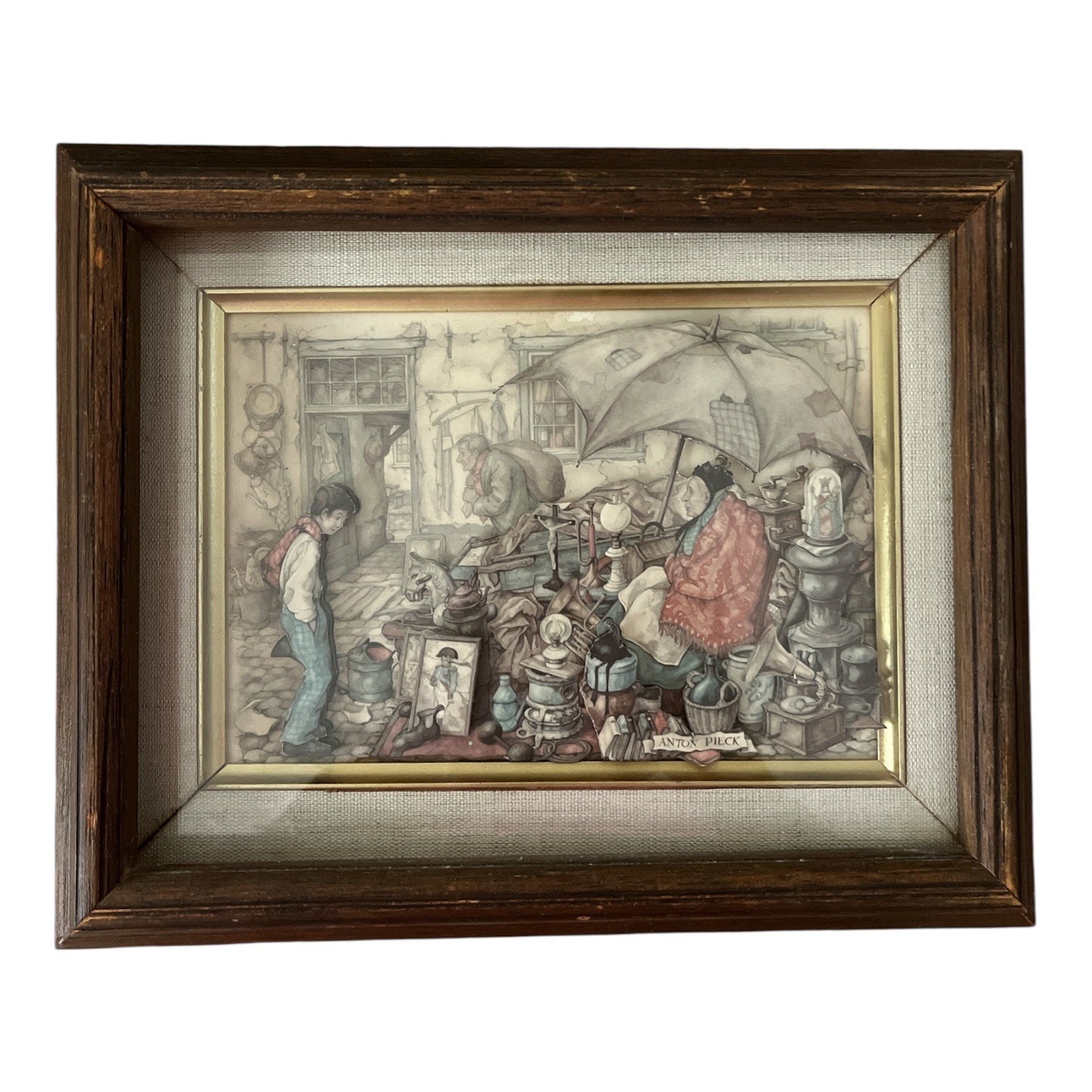 Vintage Anton Pieck Framed 3D Art Print – Old Market Scene with Boy – Shadow Box Style – 10.5 x 8.5 Inch