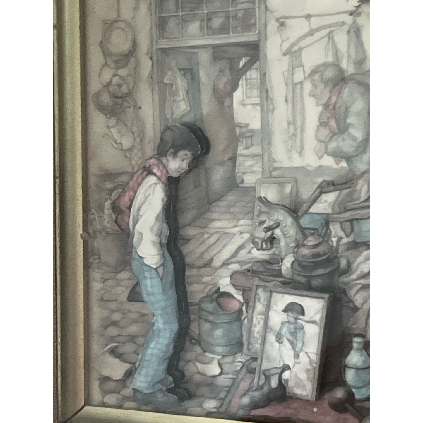 Vintage Anton Pieck Framed 3D Art Print – Old Market Scene with Boy – Shadow Box Style – 10.5 x 8.5 Inch