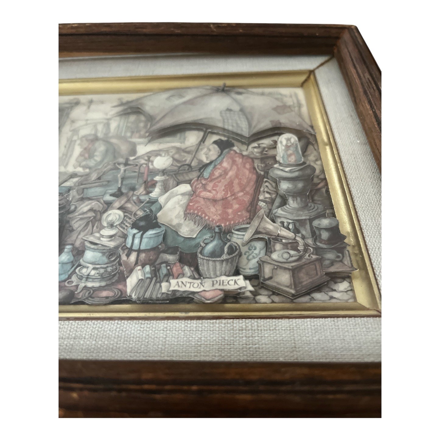 Vintage Anton Pieck Framed 3D Art Print – Old Market Scene with Boy – Shadow Box Style – 10.5 x 8.5 Inch