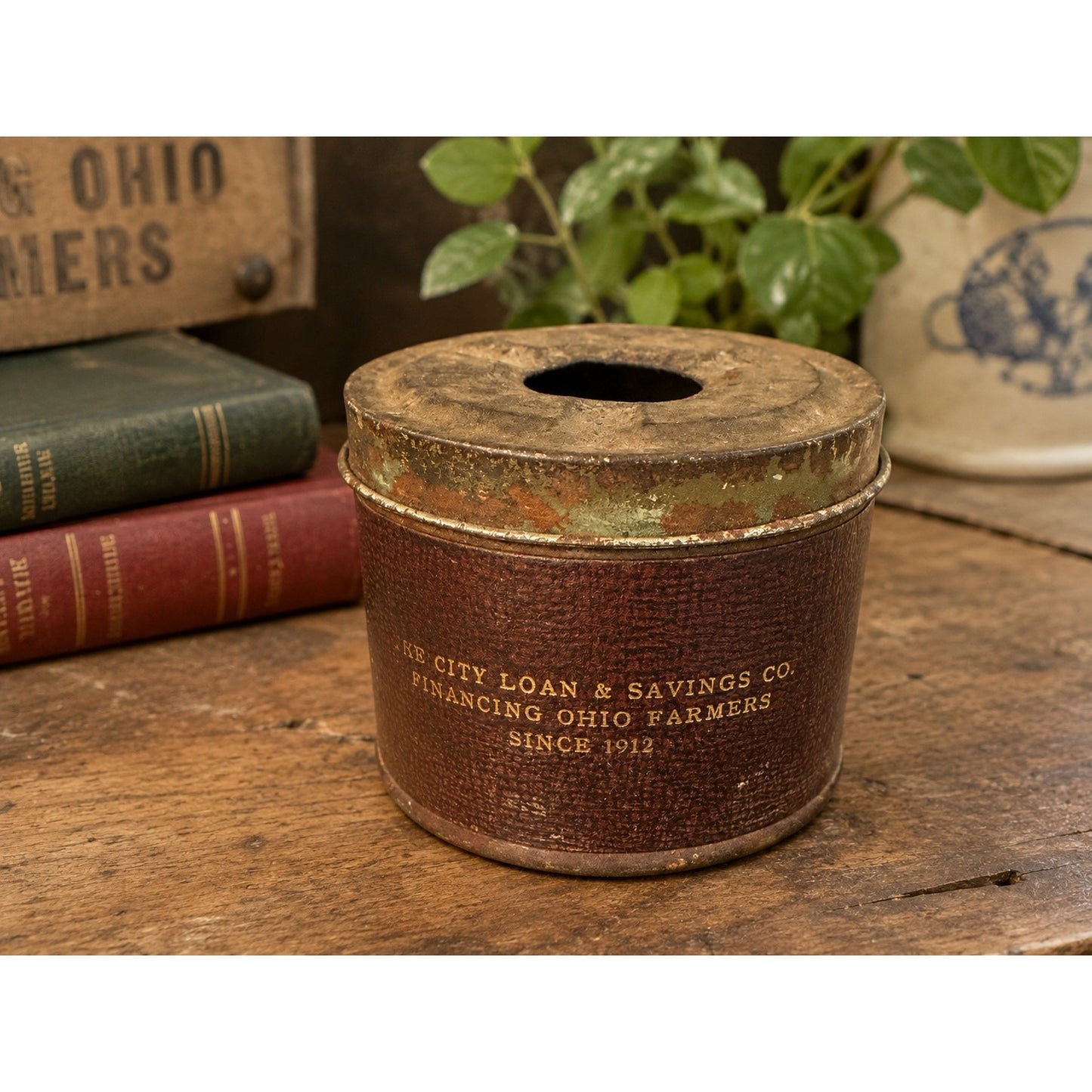 Vintage City Loan & Savings Co Ohio Farmers Advertising Leather Wrapped Metal Ashtray Tobacciana
