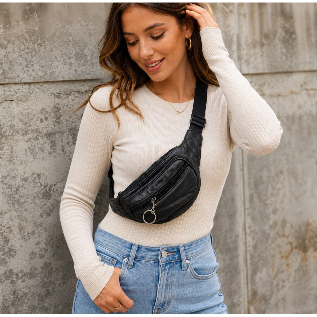 Vintage Black Leather Fanny Pack Waist Bag Multi Pocket Belt Bag Travel Pouch