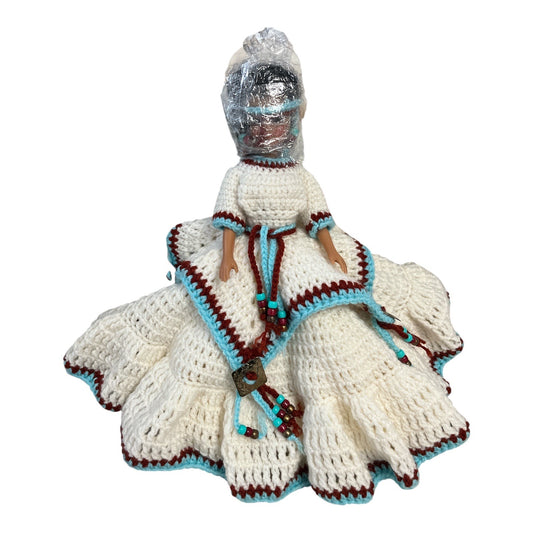 1980s Indigenous-Style Crochet Skirt Doll – 14" Handmade Display Doll with Beaded Trim, Replaceable Head