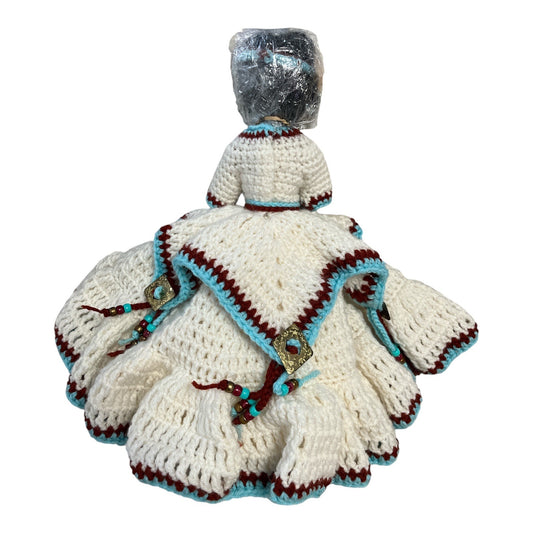 1980s Indigenous-Style Crochet Skirt Doll – 14" Handmade Display Doll with Beaded Trim, Replaceable Head