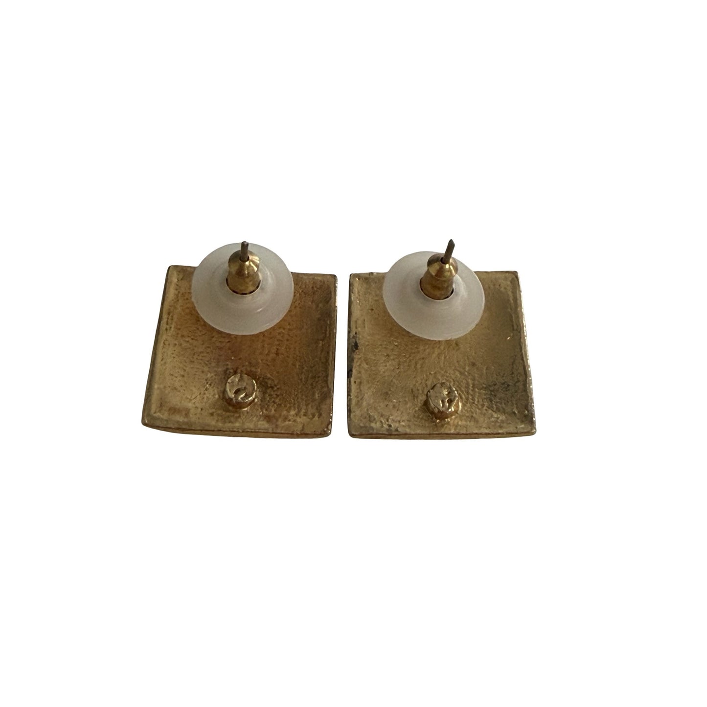 Vintage Cream Enamel Square Gold Tone Abstract Swirl Stud Earrings