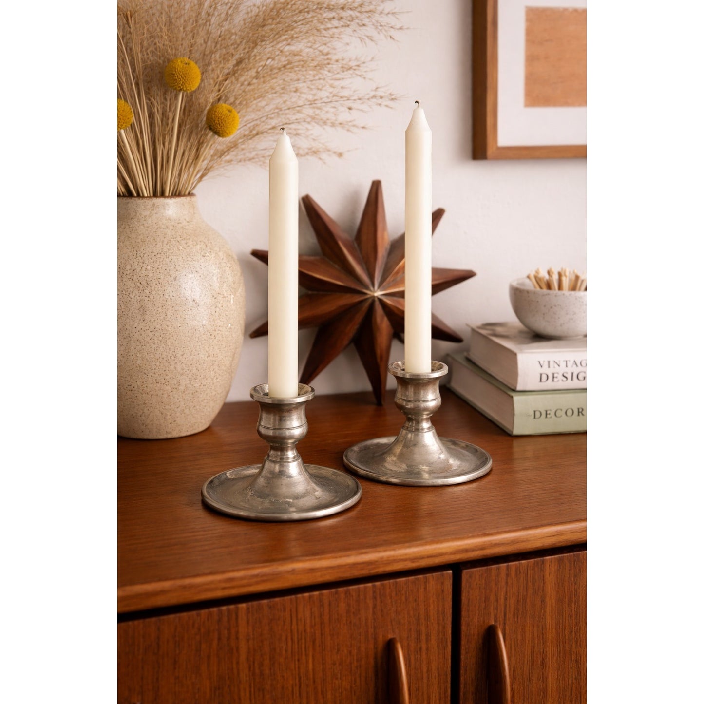 Vintage MCM Made in England Solid Brass Candle Holders Silver Tone Pair 3.5 Inch