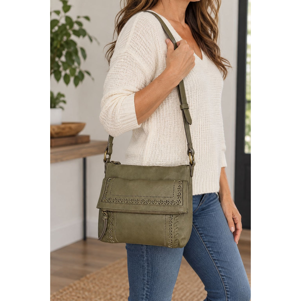 Sonoma Olive Green Faux Leather Crossbody Shoulder Bag Floral Cutout