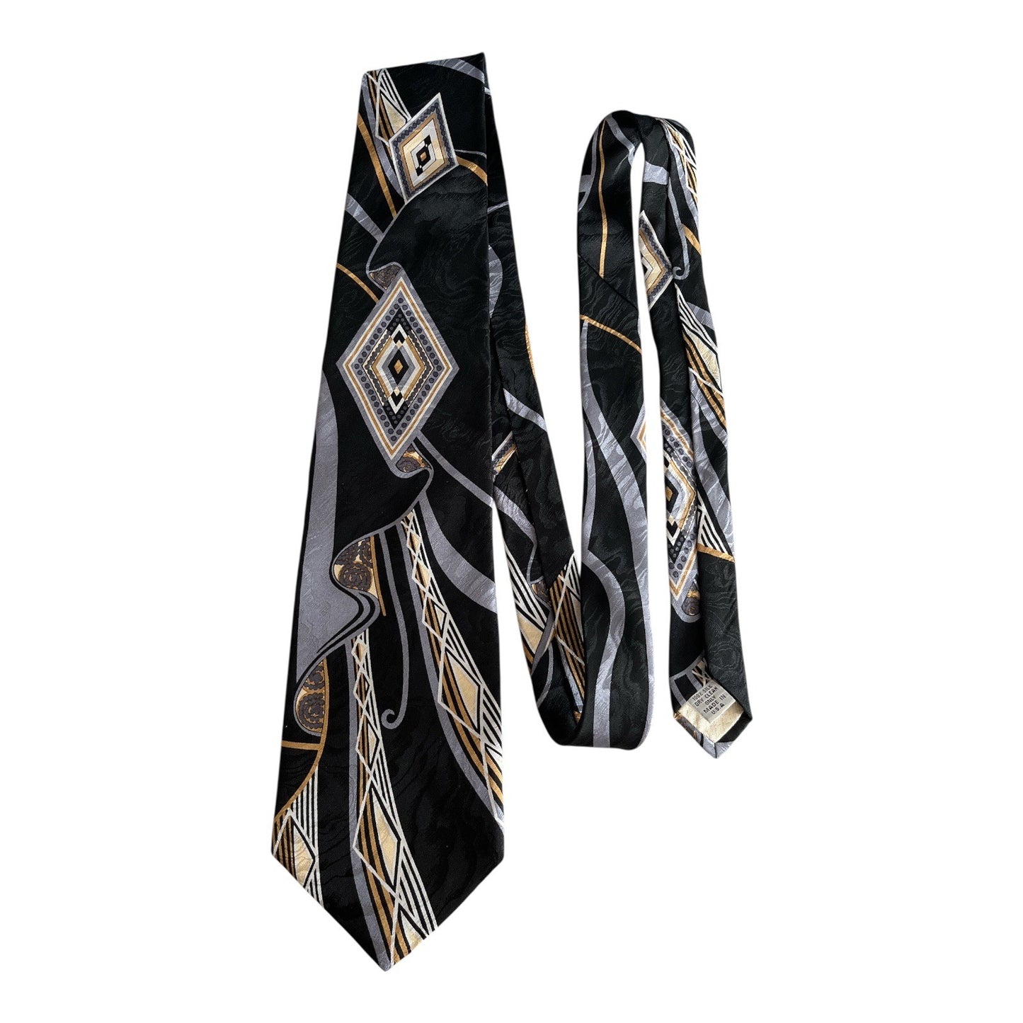 Alexander Lloyd Men’s Silk Tie – Geometric Diamond Pattern – Black, Gold, Gray – Made in USA