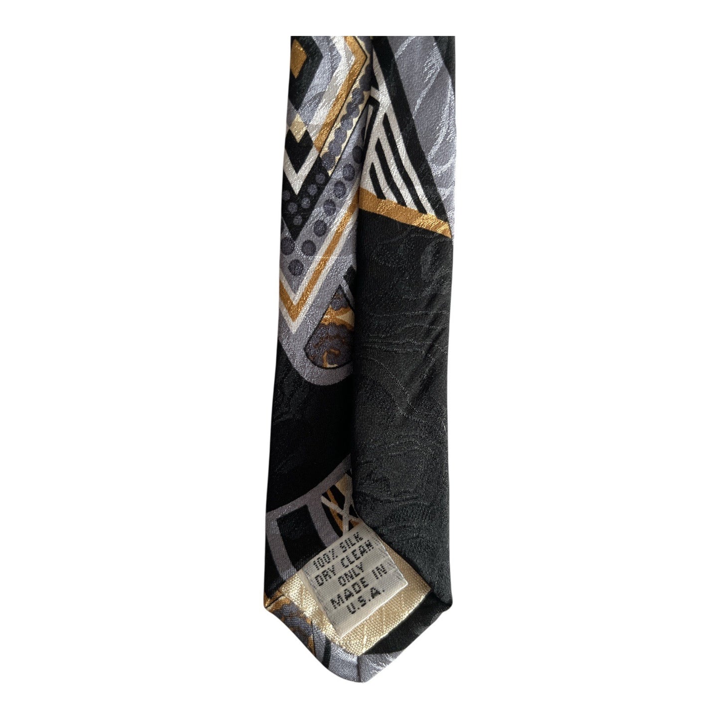 Alexander Lloyd Men’s Silk Tie – Geometric Diamond Pattern – Black, Gold, Gray – Made in USA