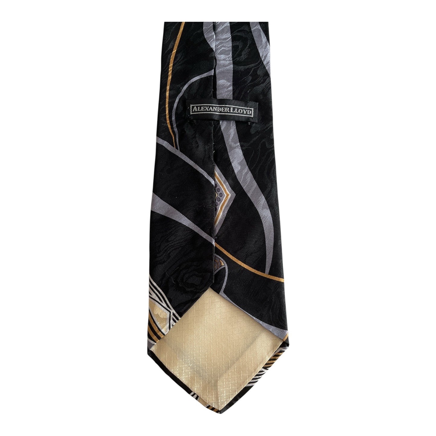 Alexander Lloyd Men’s Silk Tie – Geometric Diamond Pattern – Black, Gold, Gray – Made in USA