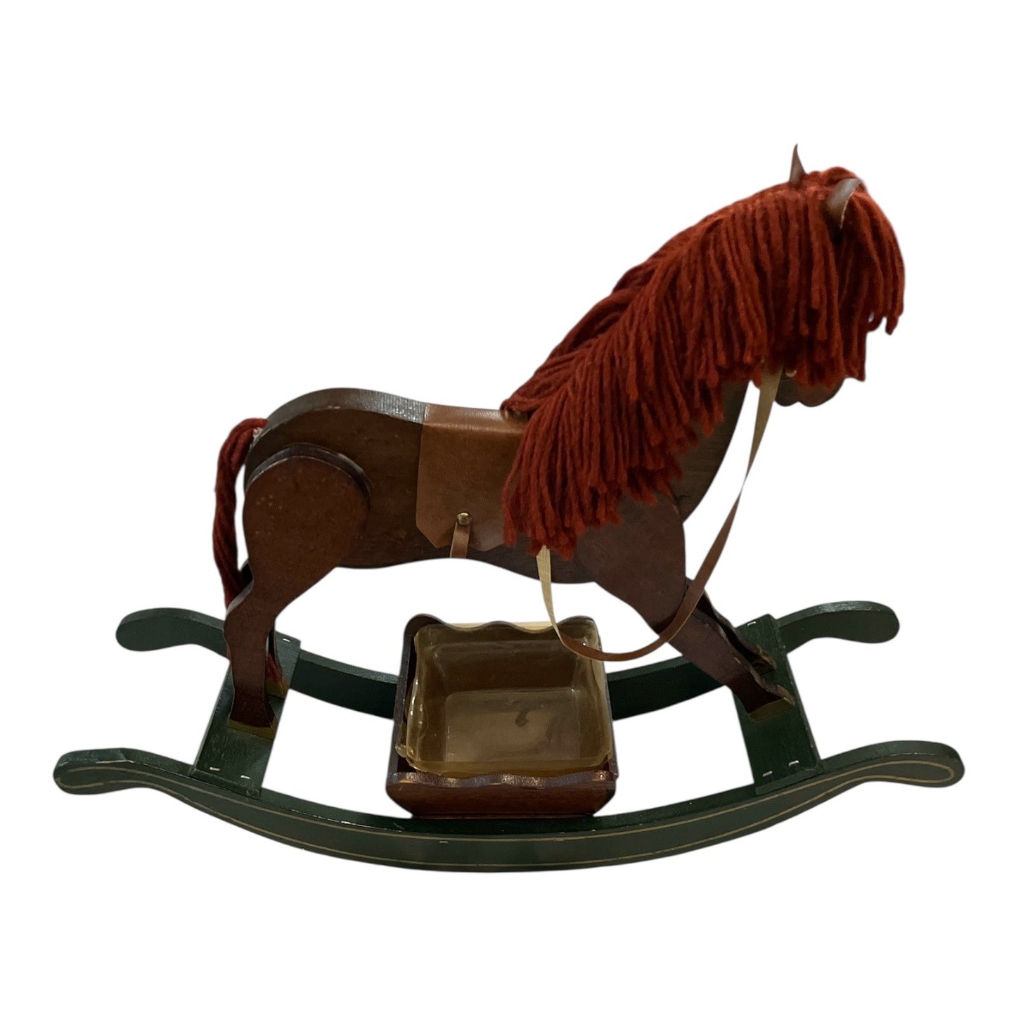Vintage Handmade Wooden Rocking Horse Candy Dish / Planter – Yarn Mane & Tail – Made in Taiwan