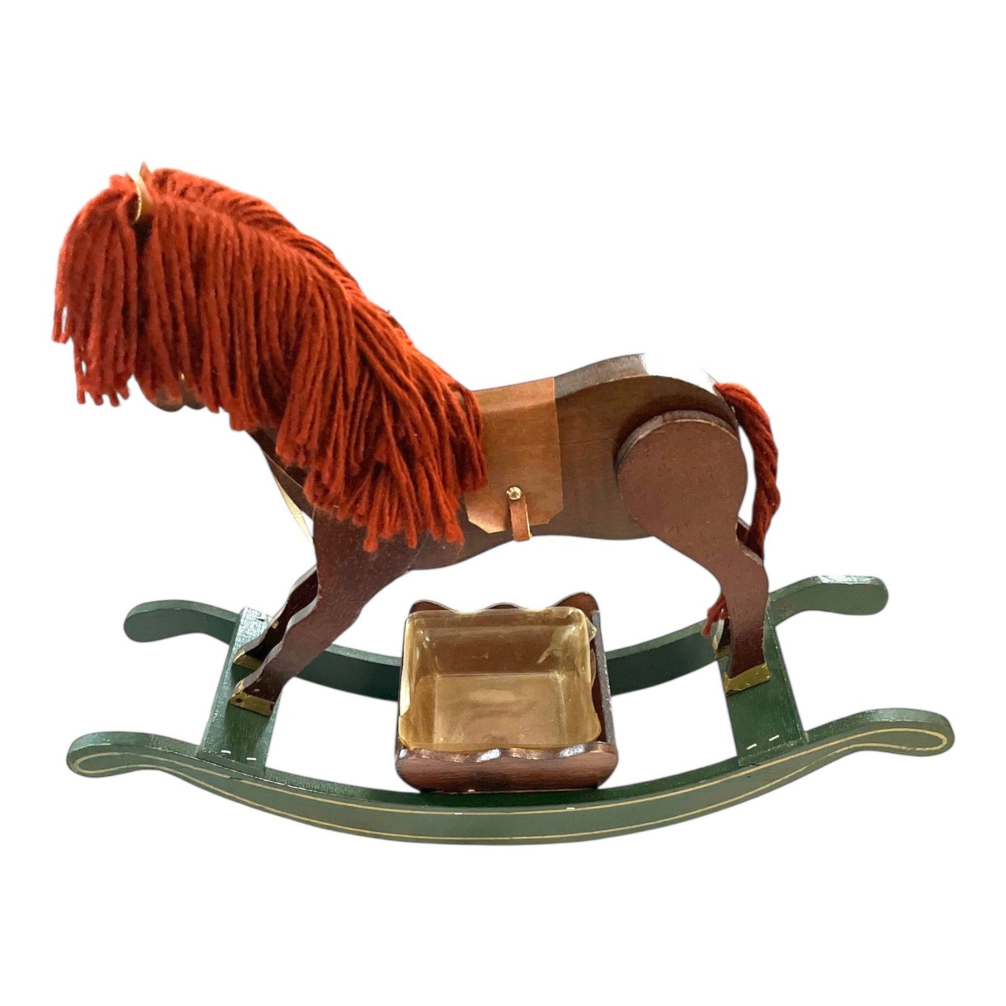 Vintage Handmade Wooden Rocking Horse Candy Dish / Planter – Yarn Mane & Tail – Made in Taiwan