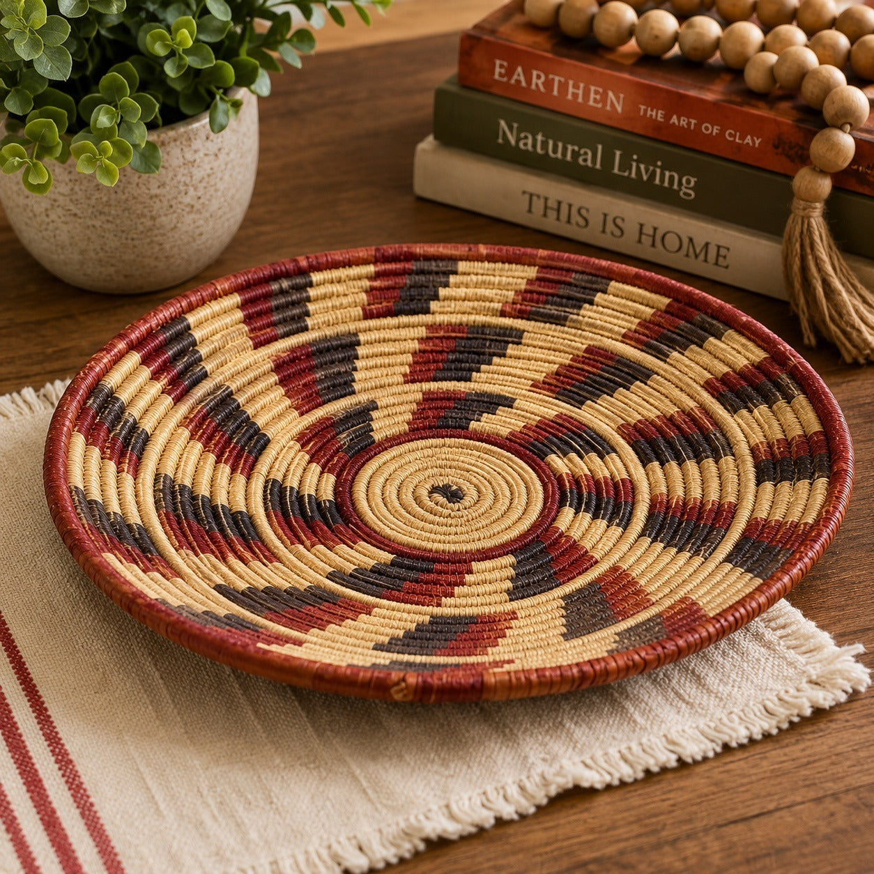 Vintage Handwoven Coil Basket Bowl Red Black Natural Geometric Pattern 14”