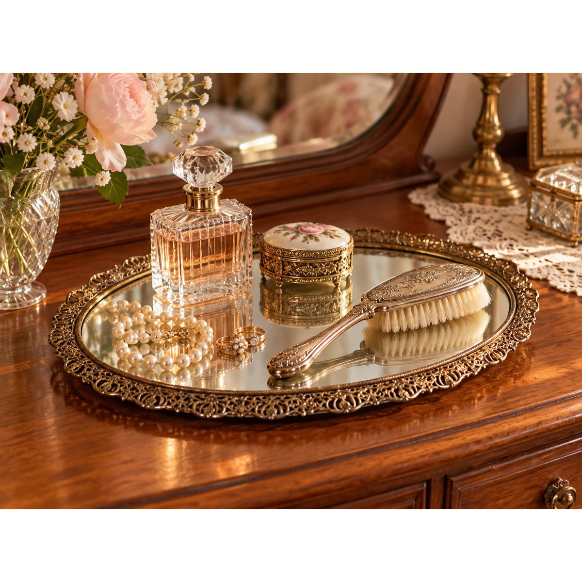 Vintage Oval Mirrored Vanity Dresser Tray Ornate Gold Tone Filigree 16x11