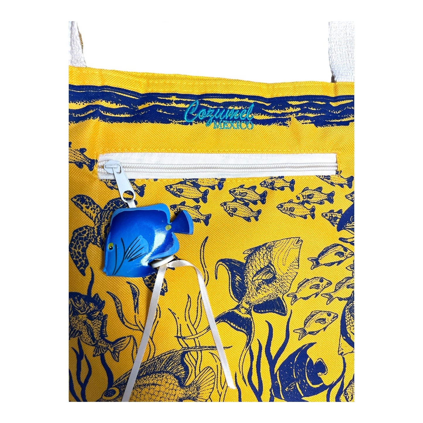 1990s Cozumel Mexico TropiCool Yellow Canvas Beach Bag with Fish Print and Fish Zipper Pull – Retro Tropical Tote 21" x 13.5" x 7.25"