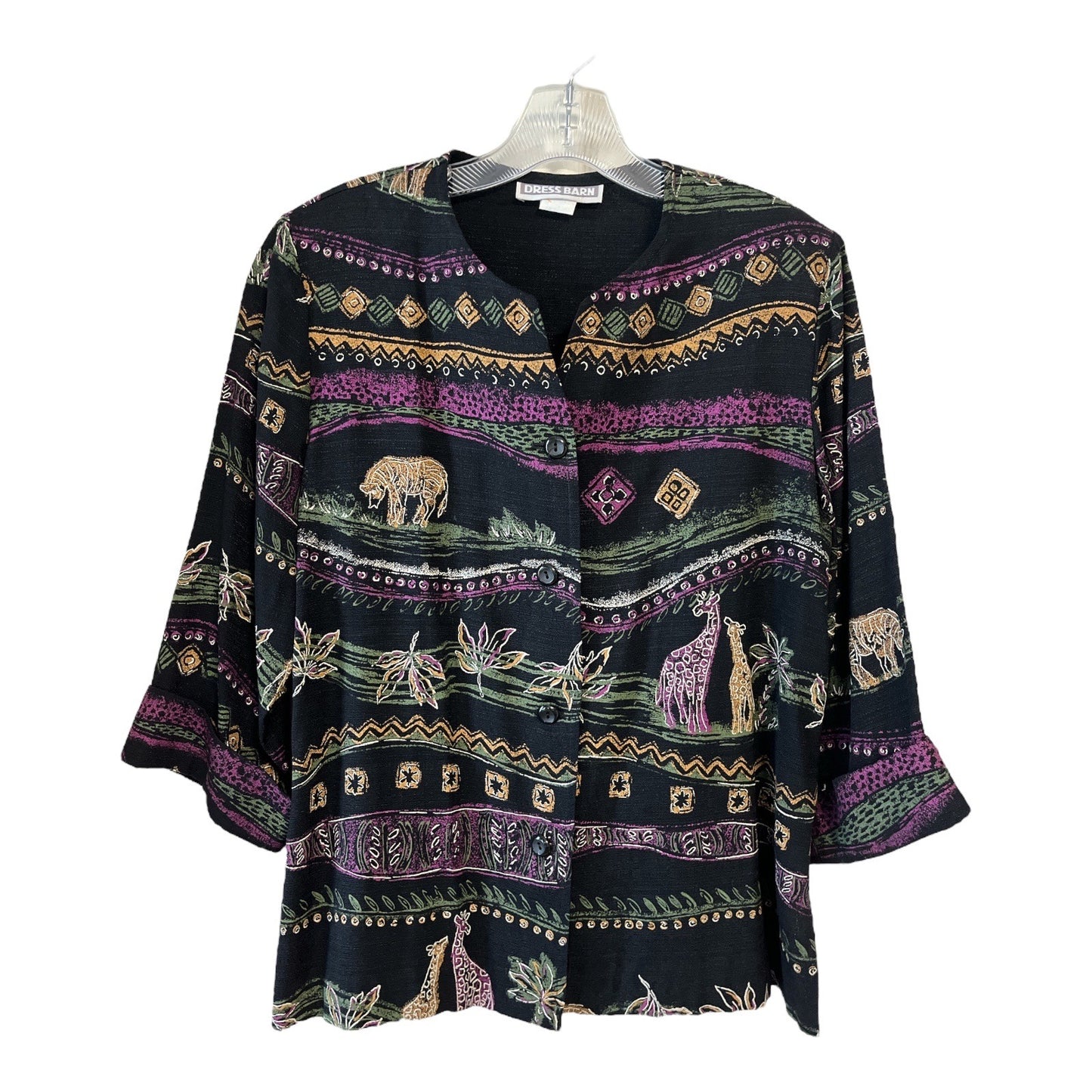 VTG Dress Barn Safari Print Blouse | Shoulder Pads | Side Slits | Made in USA | Size 10 | Jungle Rayon Top