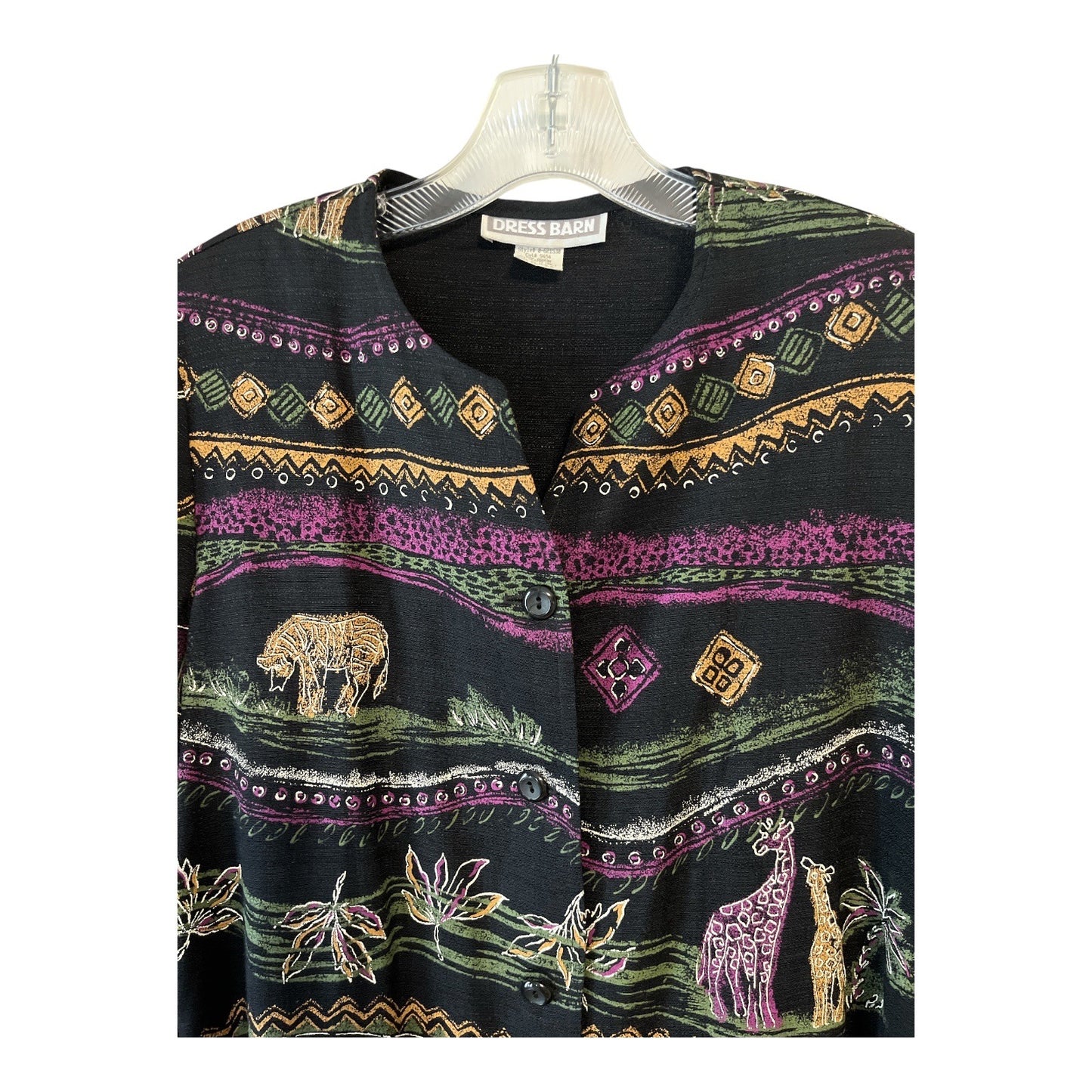 VTG Dress Barn Safari Print Blouse | Shoulder Pads | Side Slits | Made in USA | Size 10 | Jungle Rayon Top
