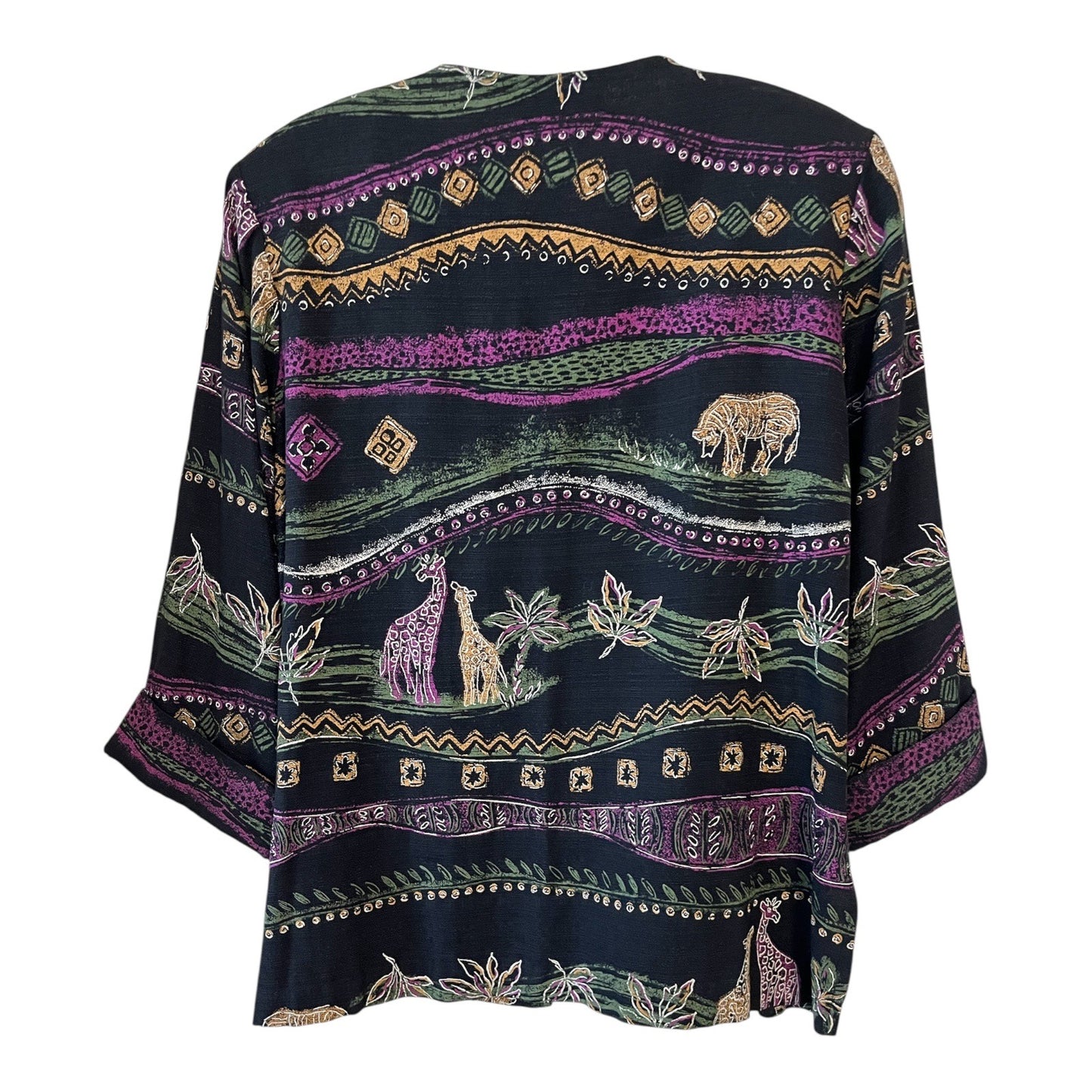 VTG Dress Barn Safari Print Blouse | Shoulder Pads | Side Slits | Made in USA | Size 10 | Jungle Rayon Top