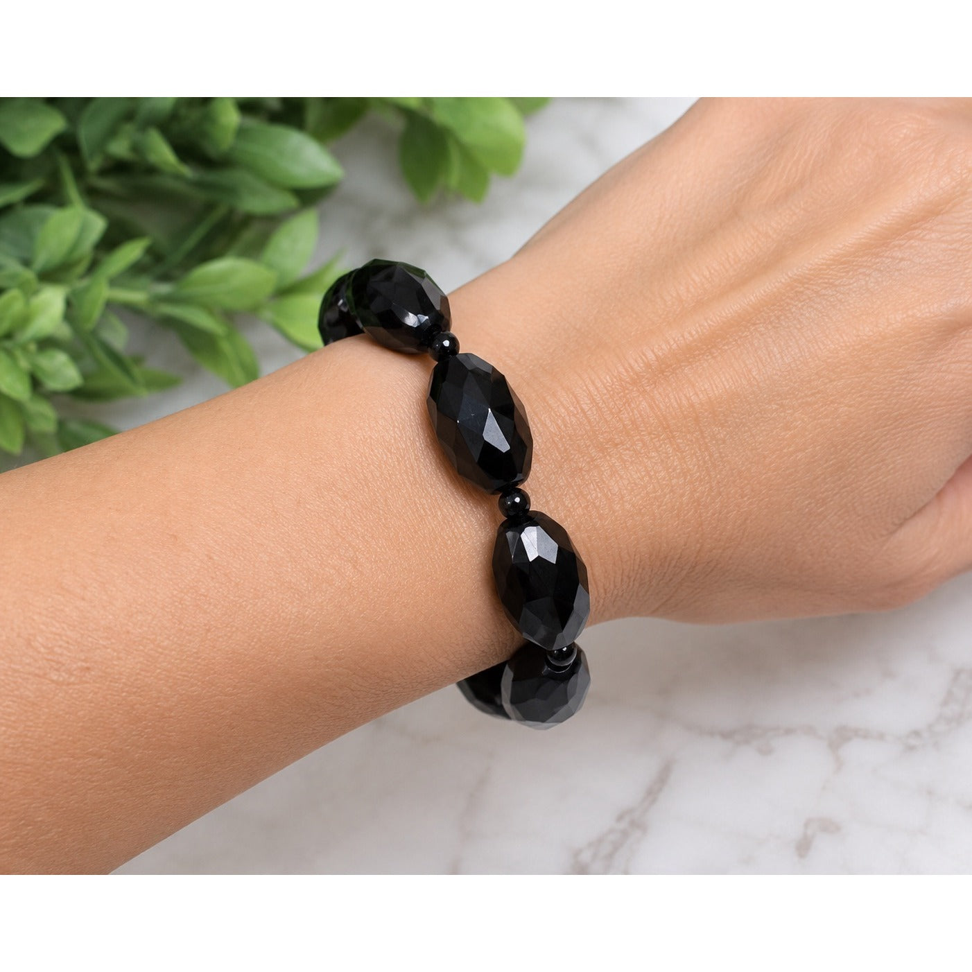 Vintage Black Faceted Bead Stretch Bracelet Chunky Statement Costume Jewelry