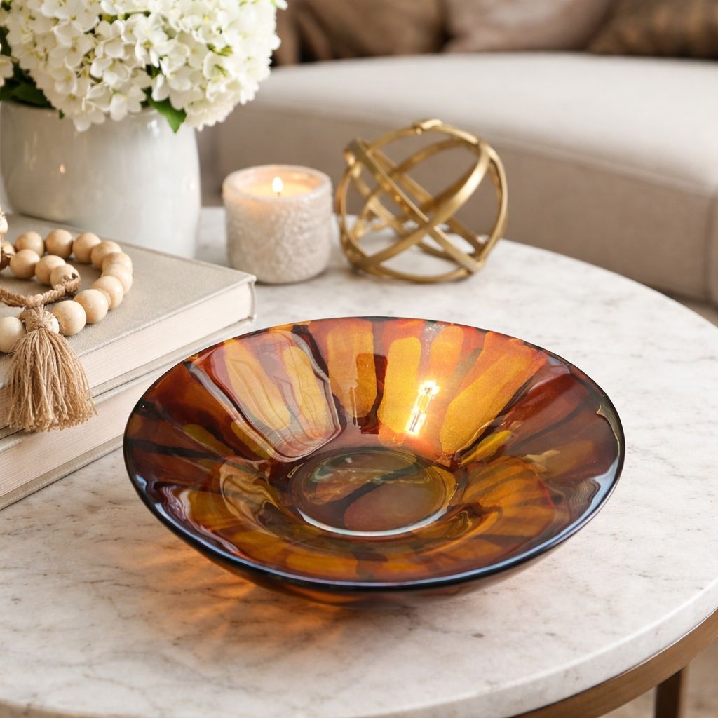 Franco Italy Art Glass Bowl Amber Gold Aventurine Centerpiece Dish 8”