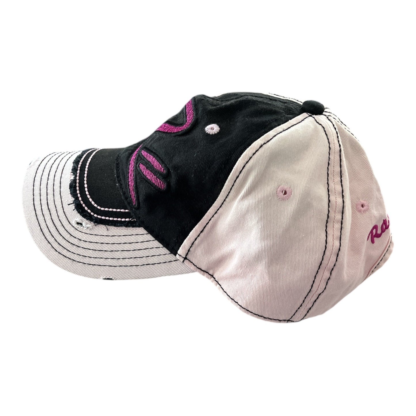 Rascal Flatts Women’s Distressed Trucker Hat – Black & Pink Embroidered RF Logo – Adjustable