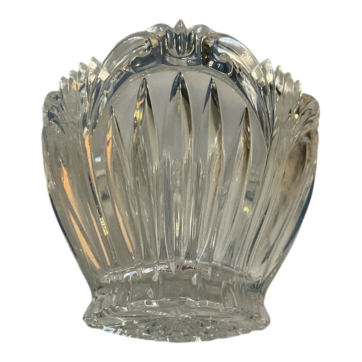Vintage Pressed Glass Candy or Sauce Bowl – Ornate Fan & Feather Design – Scalloped Rim – Starburst Base