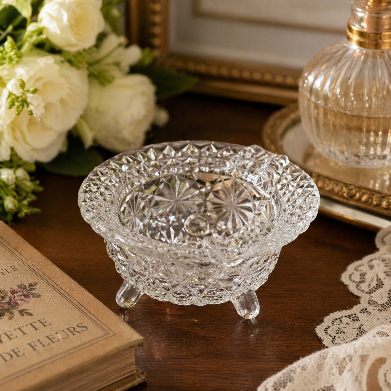 Vintage Pressed Glass Footed Ashtray 3 Cigarette Wells Floral Pattern Clear Glass