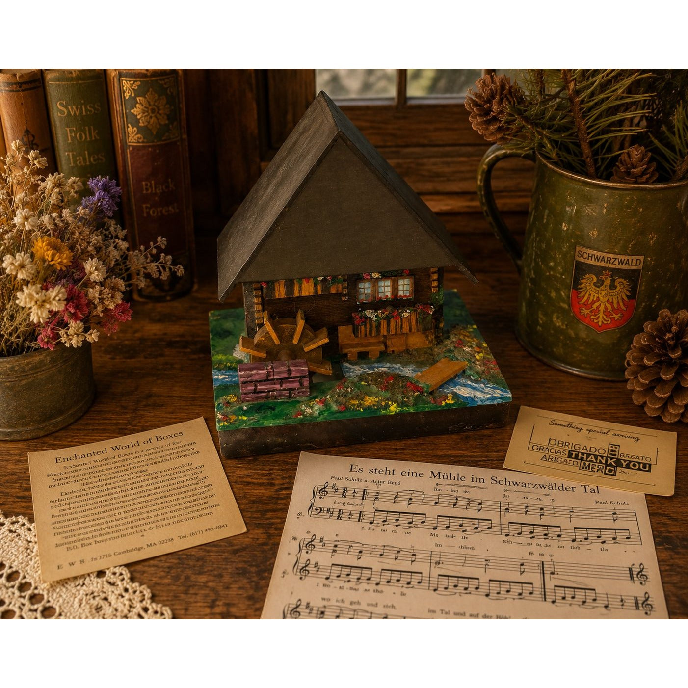 Vintage Reuge Swiss Musical Black Forest Mill Cottage Trinket Box Music Box Wood Chalet