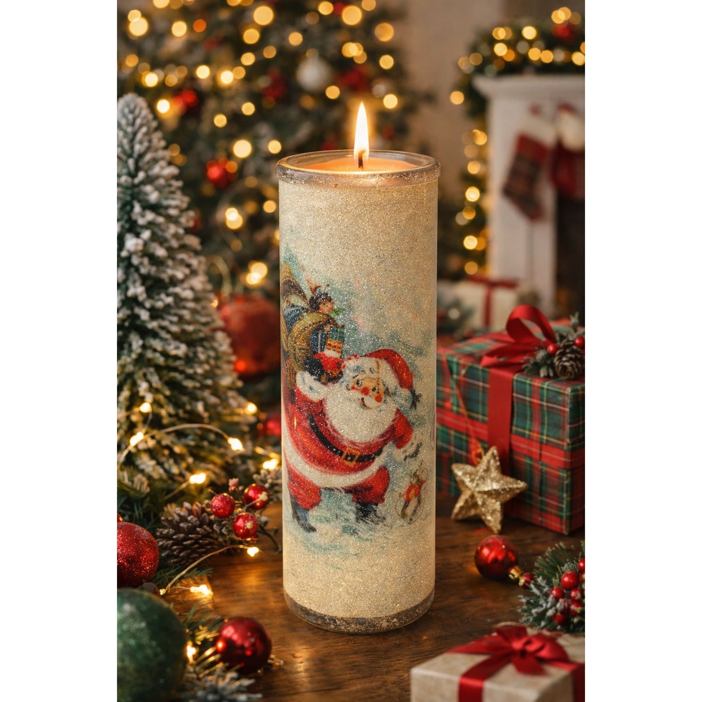 Vintage Christmas Santa Glass Candle Cylinder Holiday Scene Spun Glass Style