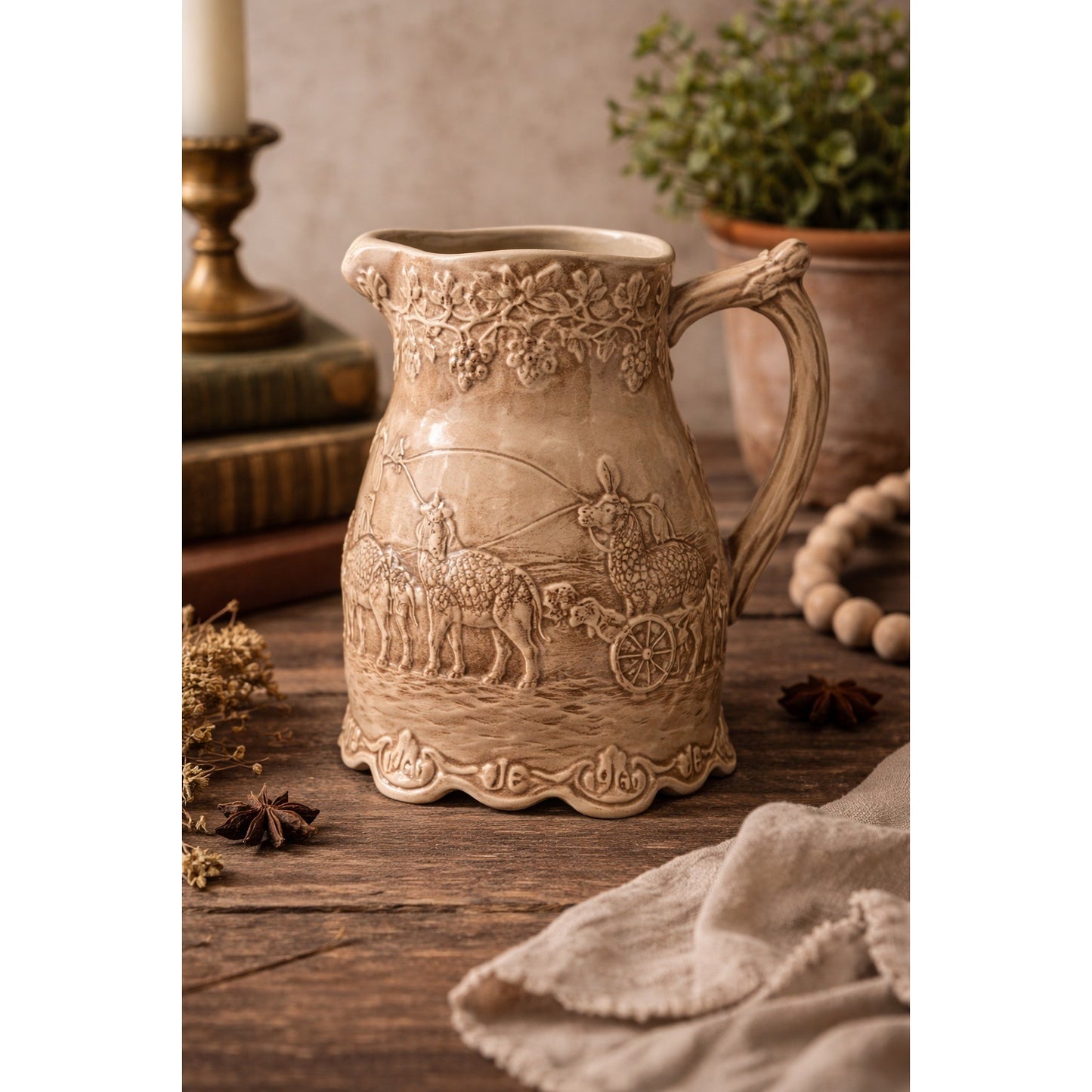 Vintage 1964 Signed Studio Pottery Pitcher Relief Caravan Elephant Camel Scene