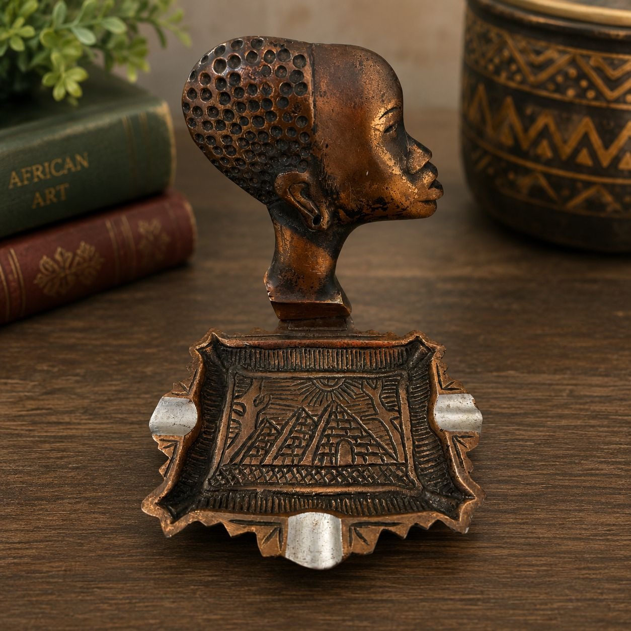 Vintage African Bust Ashtray Egyptian Pyramid Design Cast Metal 6x6