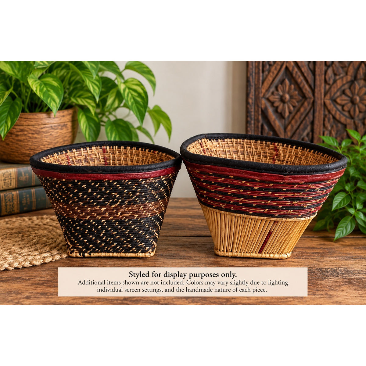 Vintage African Woven Reed Raffia Baskets Pair Red Leather Accents 7 Inch
