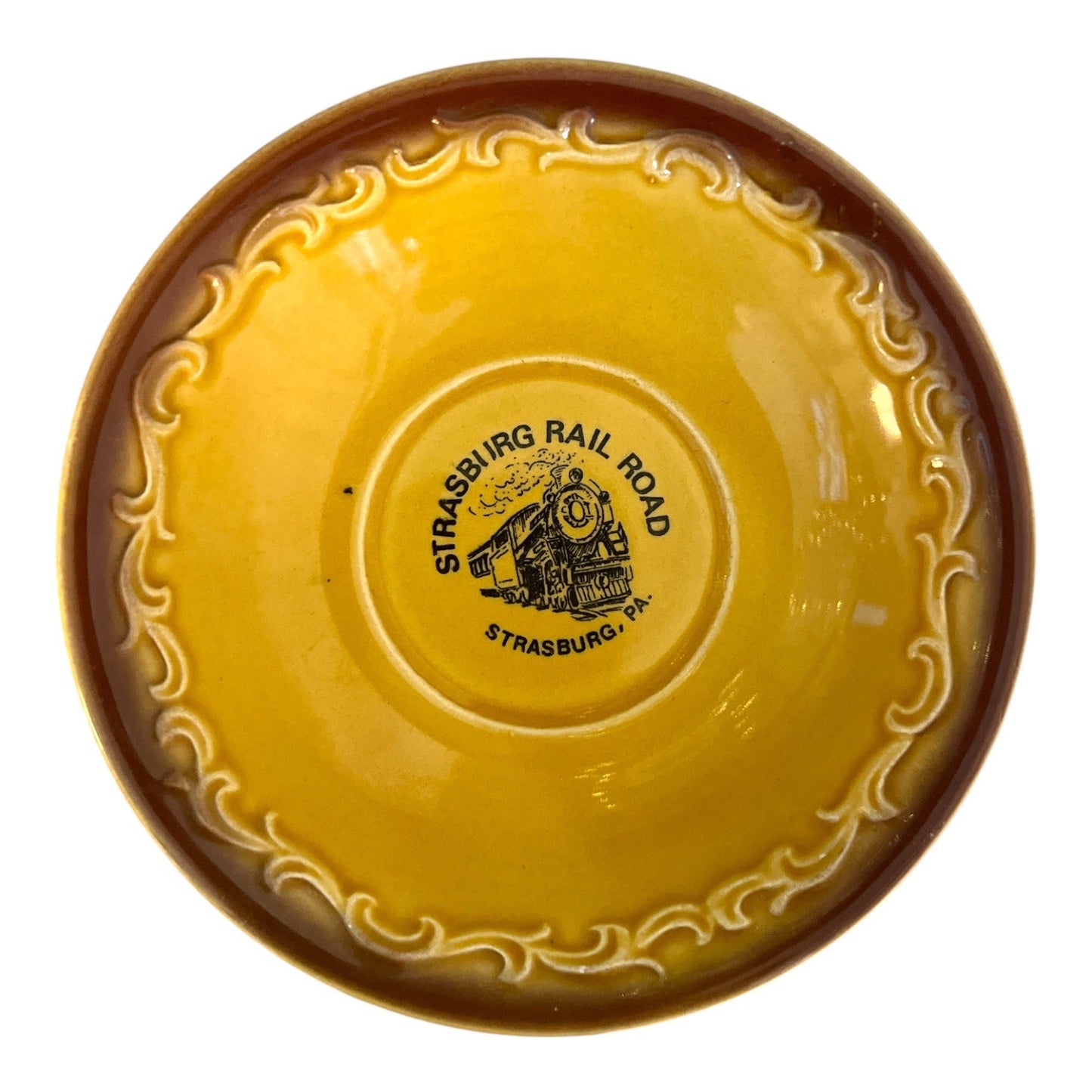 Vintage Strasburg Rail Road Souvenir Dish – Yellow Ceramic with Embossed Border – 4.75"
