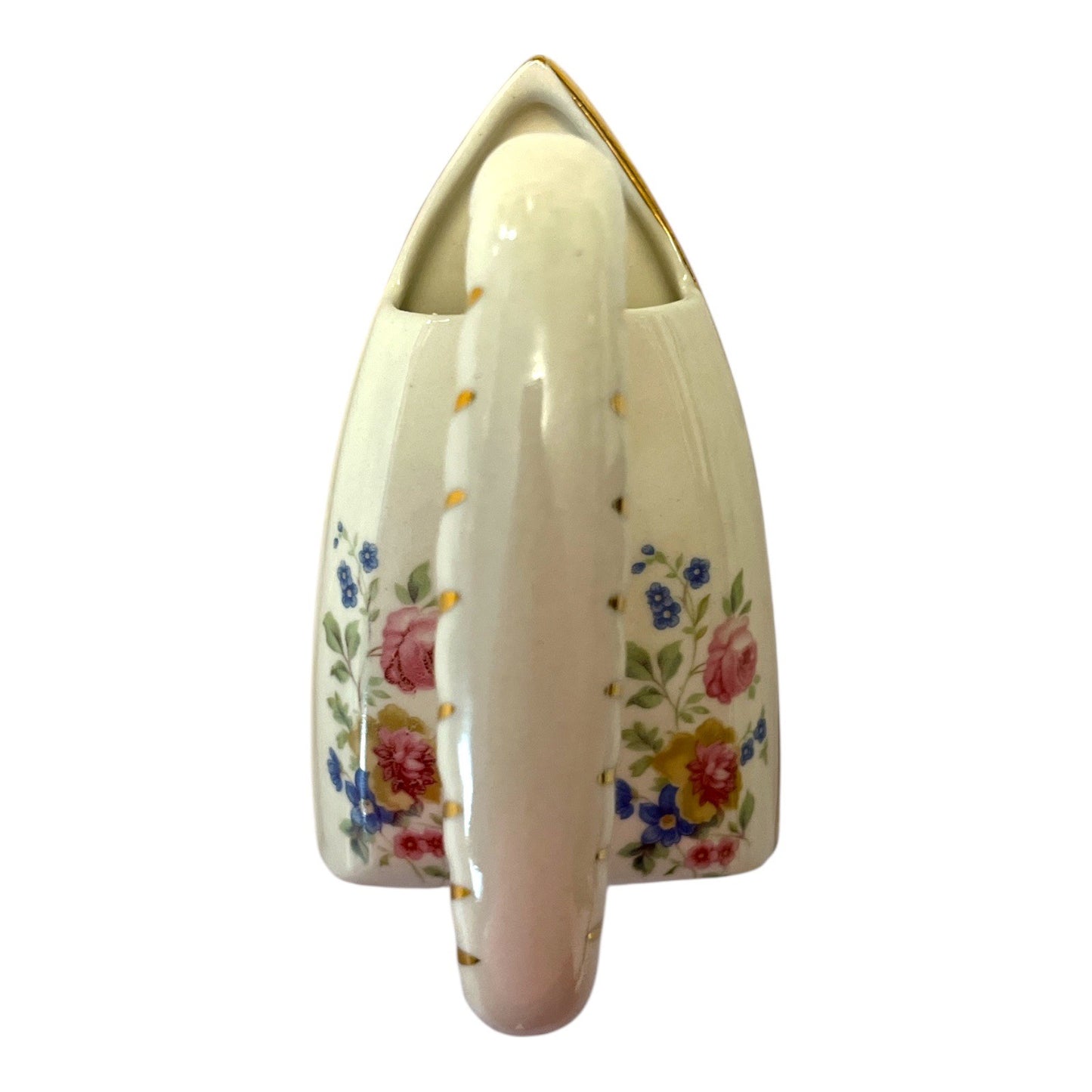Vintage Ceramic Flat Iron Wall Pocket – Floral & Gold Trim – Edwardian Kitchen Garden Style