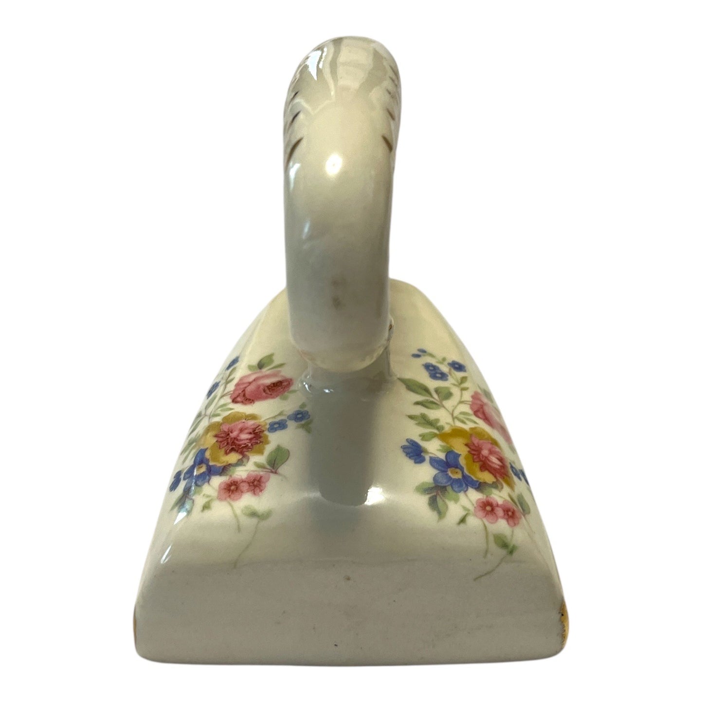 Vintage Ceramic Flat Iron Wall Pocket – Floral & Gold Trim – Edwardian Kitchen Garden Style