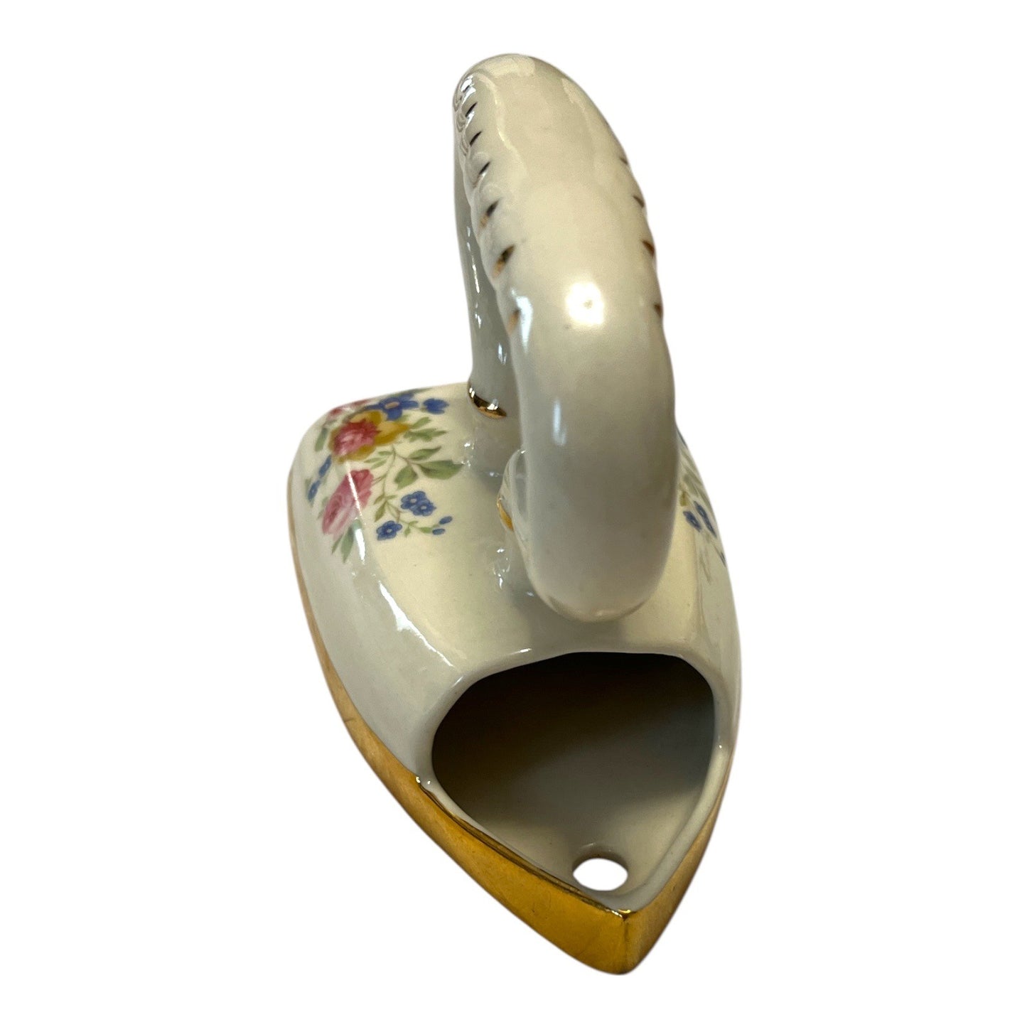 Vintage Ceramic Flat Iron Wall Pocket – Floral & Gold Trim – Edwardian Kitchen Garden Style