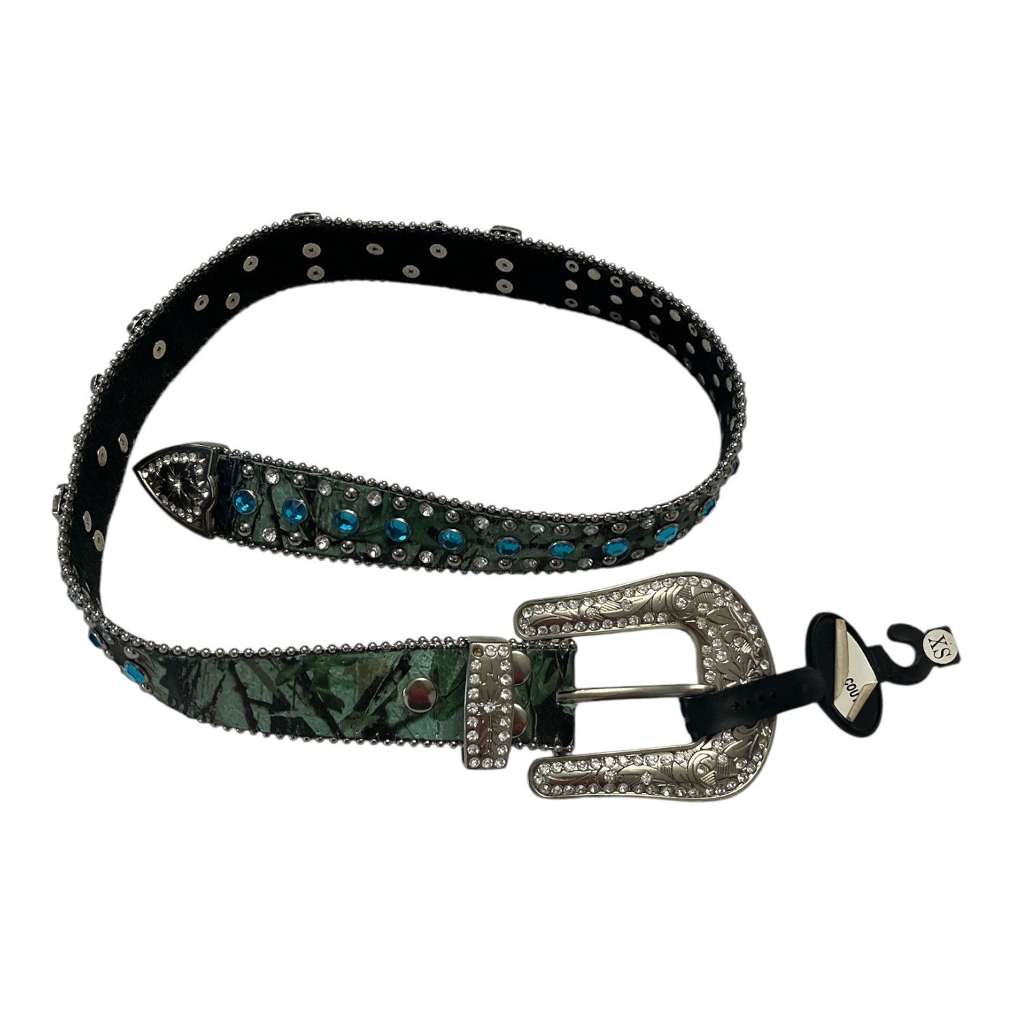 NEW w/ Flaws – XS/S Western Leather Belt w/ Turquoise Rhinestone Cross Conchos, 27.5"